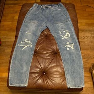 Impressions trendy Distressed jeans with elastic waist &drawstring,loose leg EUC
